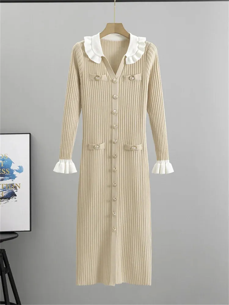 Advbridge Winter Knitwear V-Neck Maxi Dress Female Ruffled High Waist Cardigan Ribbed Sweater Elegant Party Dress Women's Knit Dress