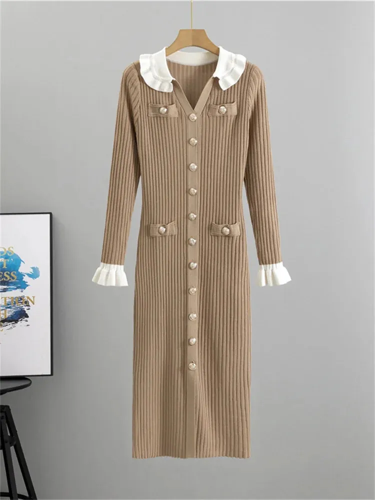 Advbridge Winter Knitwear V-Neck Maxi Dress Female Ruffled High Waist Cardigan Ribbed Sweater Elegant Party Dress Women's Knit Dress