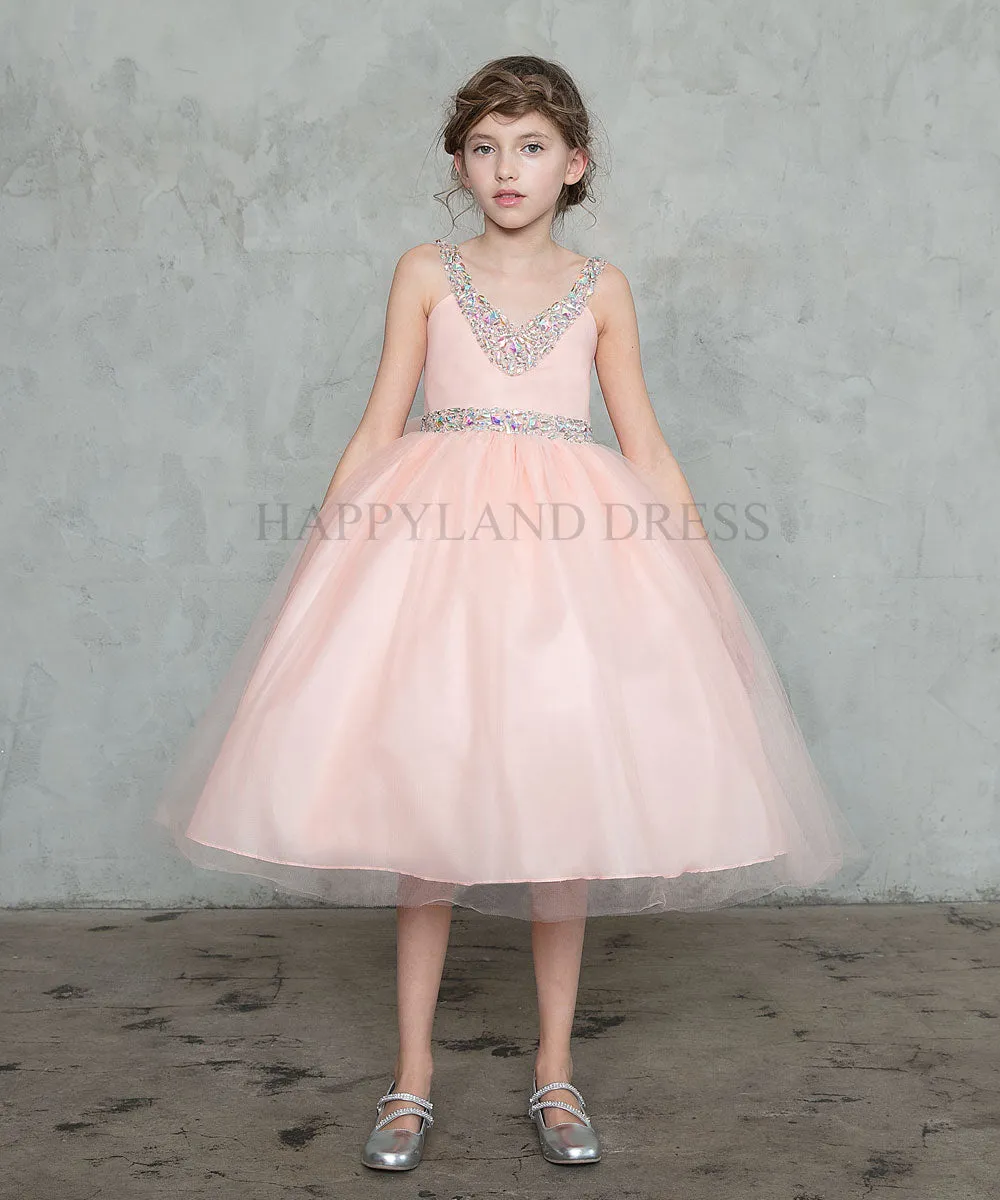 Aqua V-Neck Tulle Rhinestone Tea length Dress