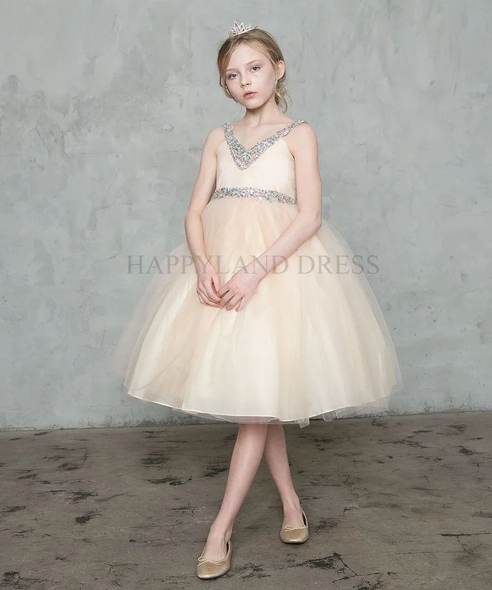 Aqua V-Neck Tulle Rhinestone Tea length Dress