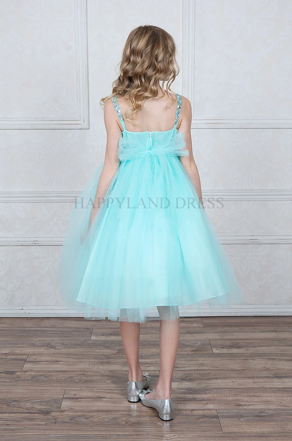 Aqua V-Neck Tulle Rhinestone Tea length Dress