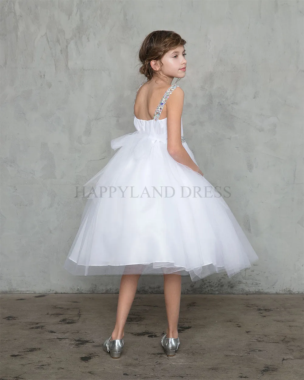 Aqua V-Neck Tulle Rhinestone Tea length Dress