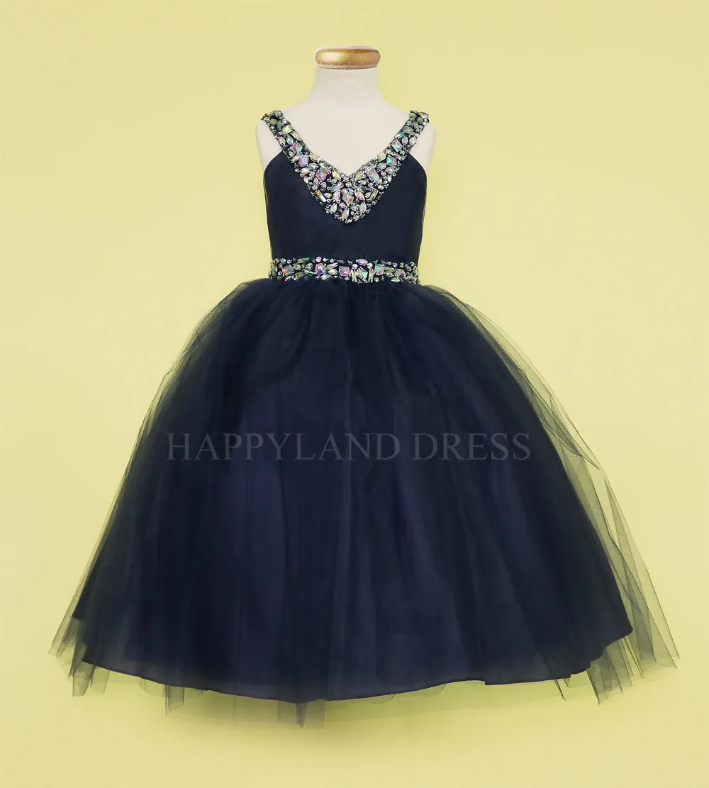 Aqua V-Neck Tulle Rhinestone Tea length Dress