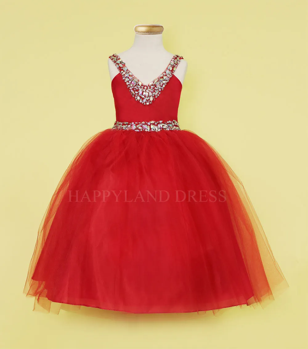 Aqua V-Neck Tulle Rhinestone Tea length Dress