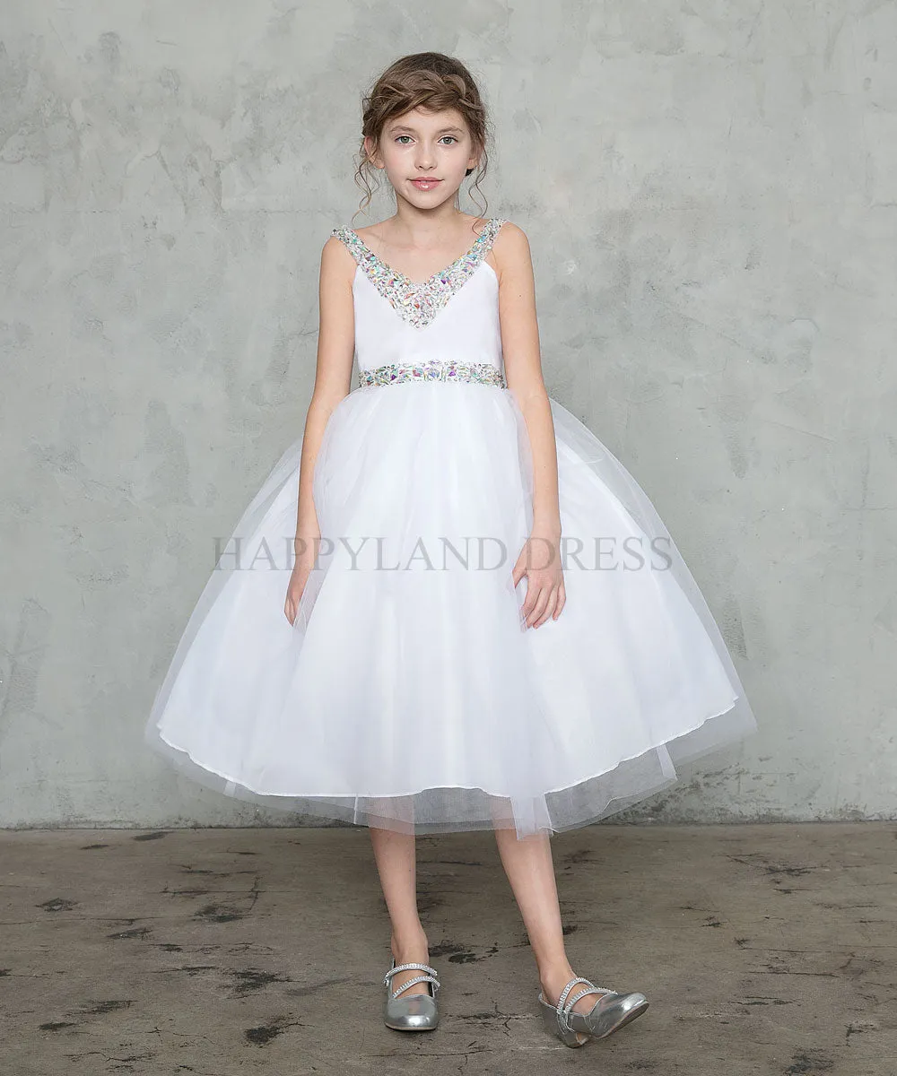 Aqua V-Neck Tulle Rhinestone Tea length Dress