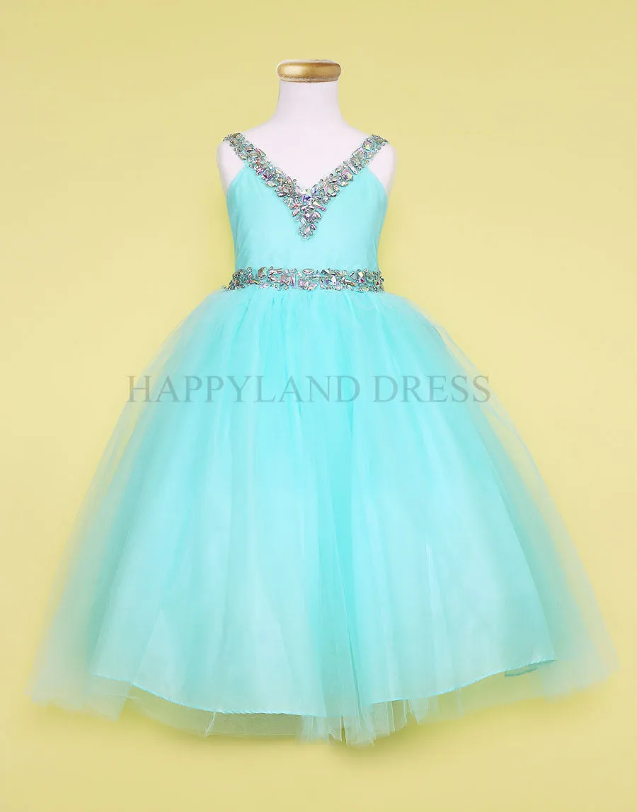 Aqua V-Neck Tulle Rhinestone Tea length Dress