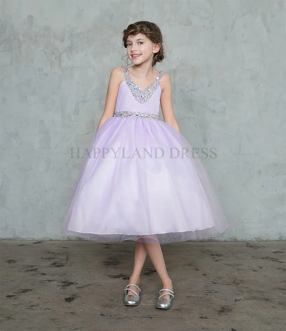 Aqua V-Neck Tulle Rhinestone Tea length Dress