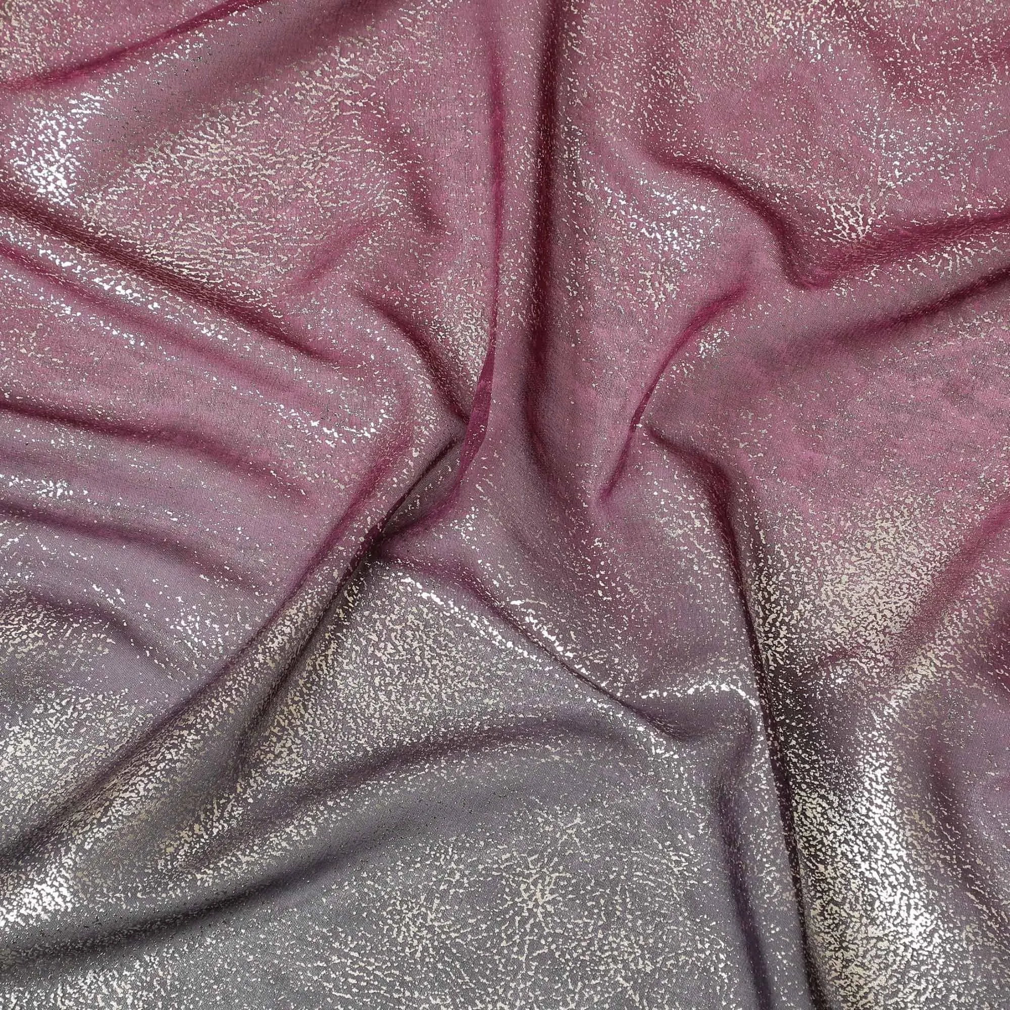 Baby pink to black synthetic chiffon fabric having gold metallic foil in ombre design-D10658