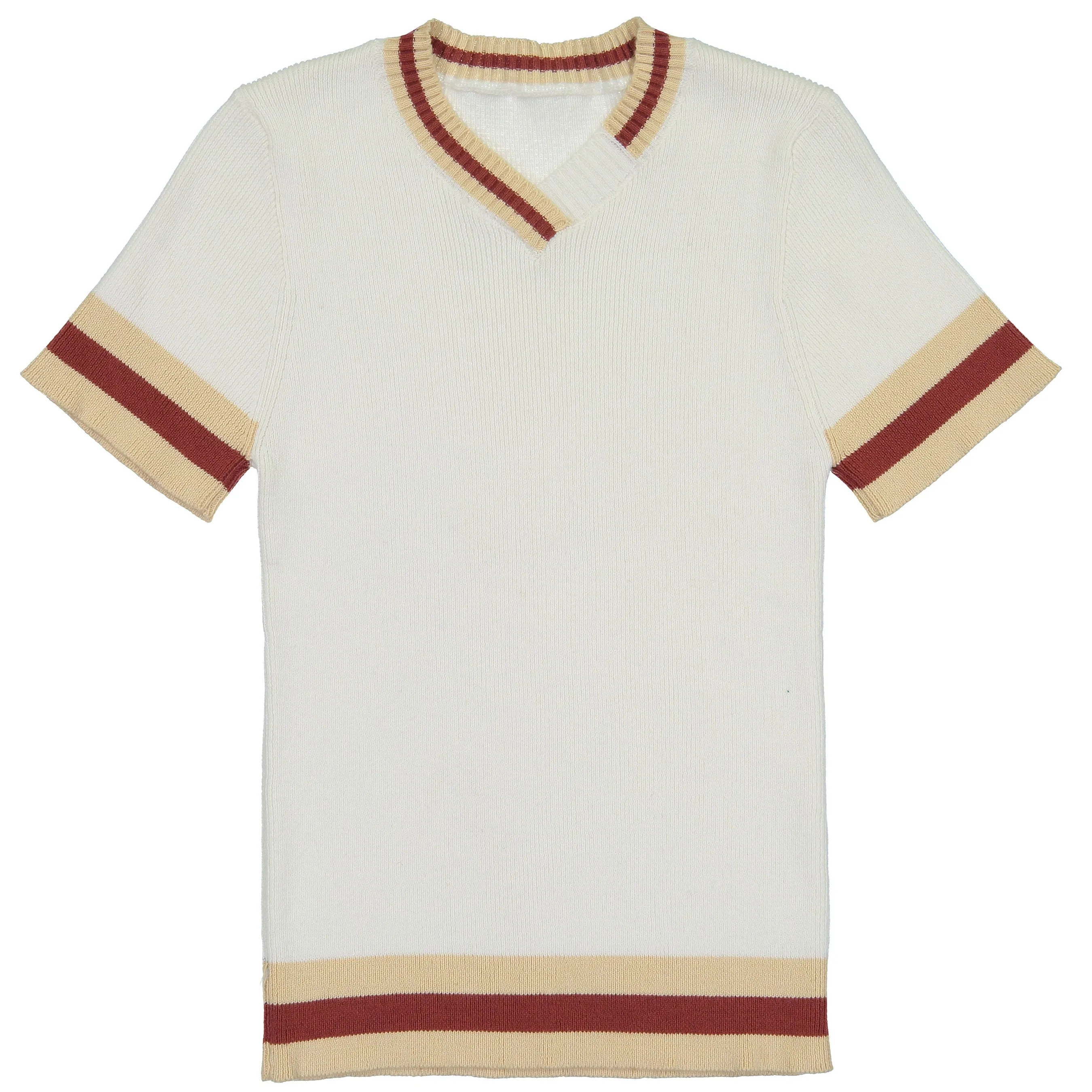 Belati Ivory 3 Stripes Trim Ribbed Knit Sweater