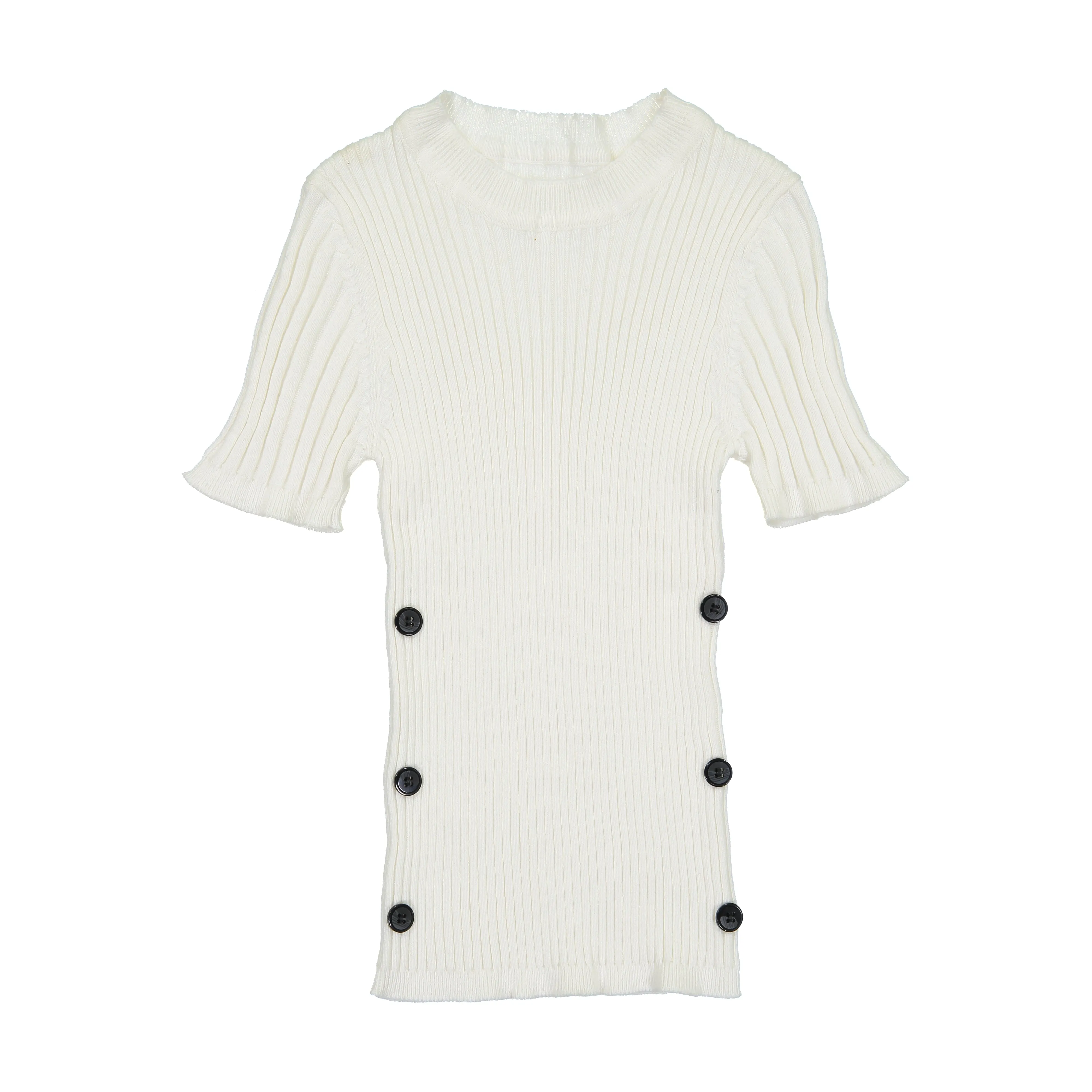 Belati Ivory Ribbed Knit With Side Buttons Sweater