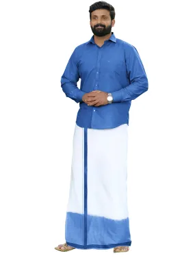 Blue Two Tone Double Dhothie   Shirt Set Full Sleeve