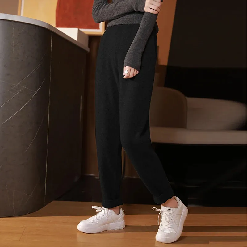 Bonnyshow 100% Pure Wool Pencil Pants  Women's Knitted Trousers Casual Sports Sweatpants Fashion Korean Version  Small Leg Pants  Clothing