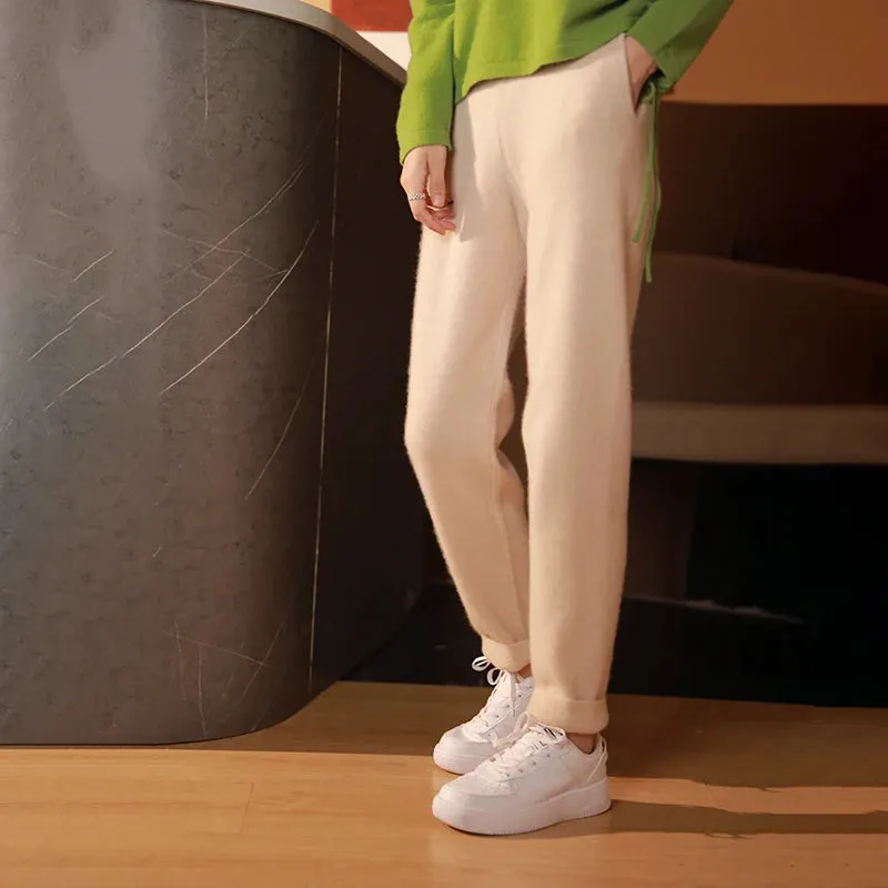 Bonnyshow 100% Pure Wool Pencil Pants  Women's Knitted Trousers Casual Sports Sweatpants Fashion Korean Version  Small Leg Pants  Clothing