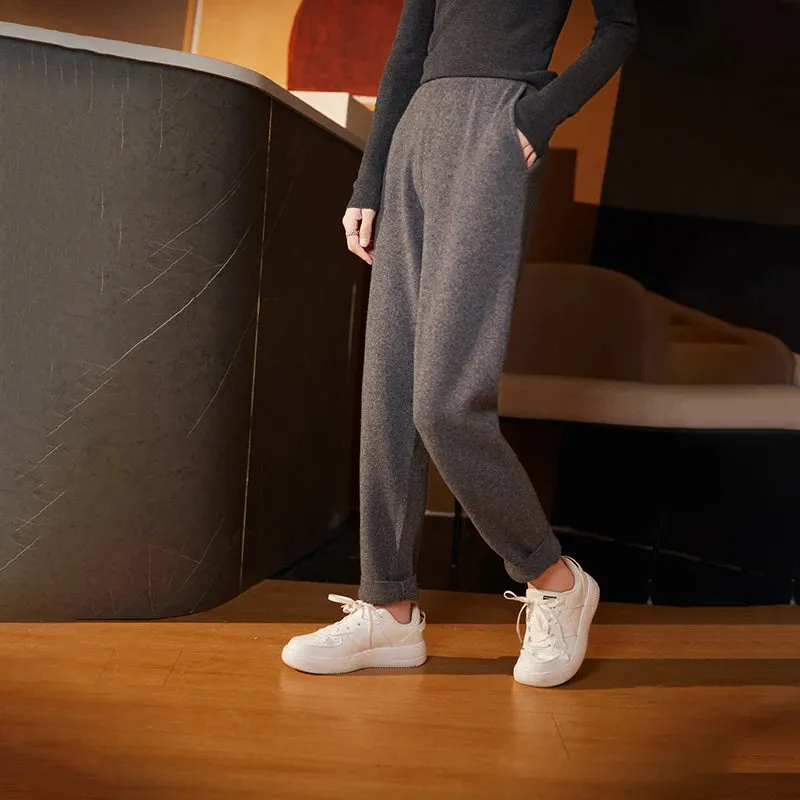 Bonnyshow 100% Pure Wool Pencil Pants  Women's Knitted Trousers Casual Sports Sweatpants Fashion Korean Version  Small Leg Pants  Clothing