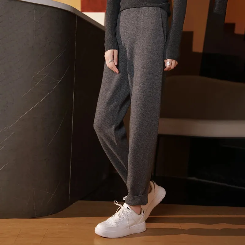 Bonnyshow 100% Pure Wool Pencil Pants  Women's Knitted Trousers Casual Sports Sweatpants Fashion Korean Version  Small Leg Pants  Clothing