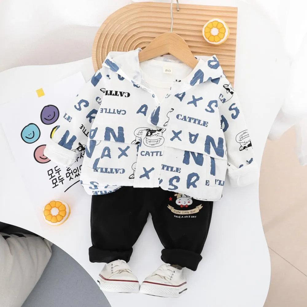 Boys Western Style Cartoon Hooded Suit Spring and Autumn Three Piece Set Wholesale Baby Boys Clothes