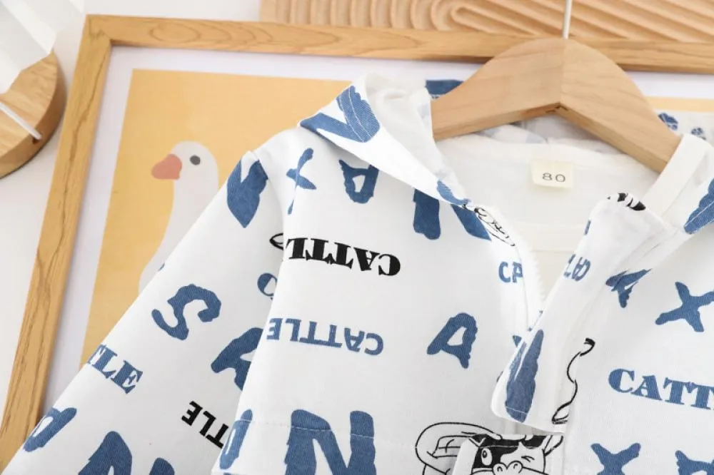 Boys Western Style Cartoon Hooded Suit Spring and Autumn Three Piece Set Wholesale Baby Boys Clothes
