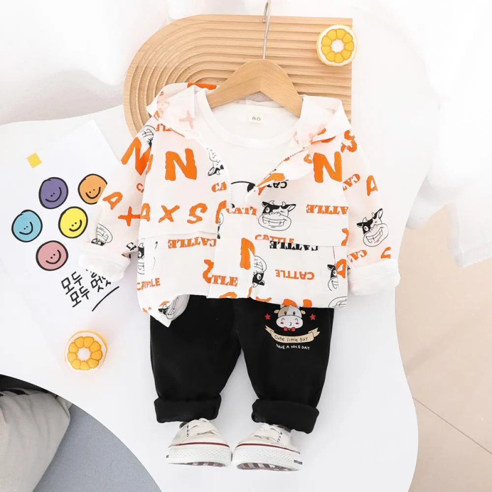 Boys Western Style Cartoon Hooded Suit Spring and Autumn Three Piece Set Wholesale Baby Boys Clothes