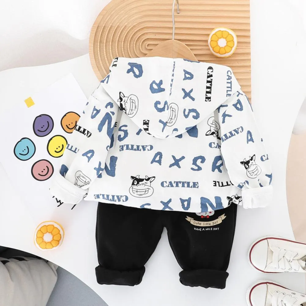 Boys Western Style Cartoon Hooded Suit Spring and Autumn Three Piece Set Wholesale Baby Boys Clothes