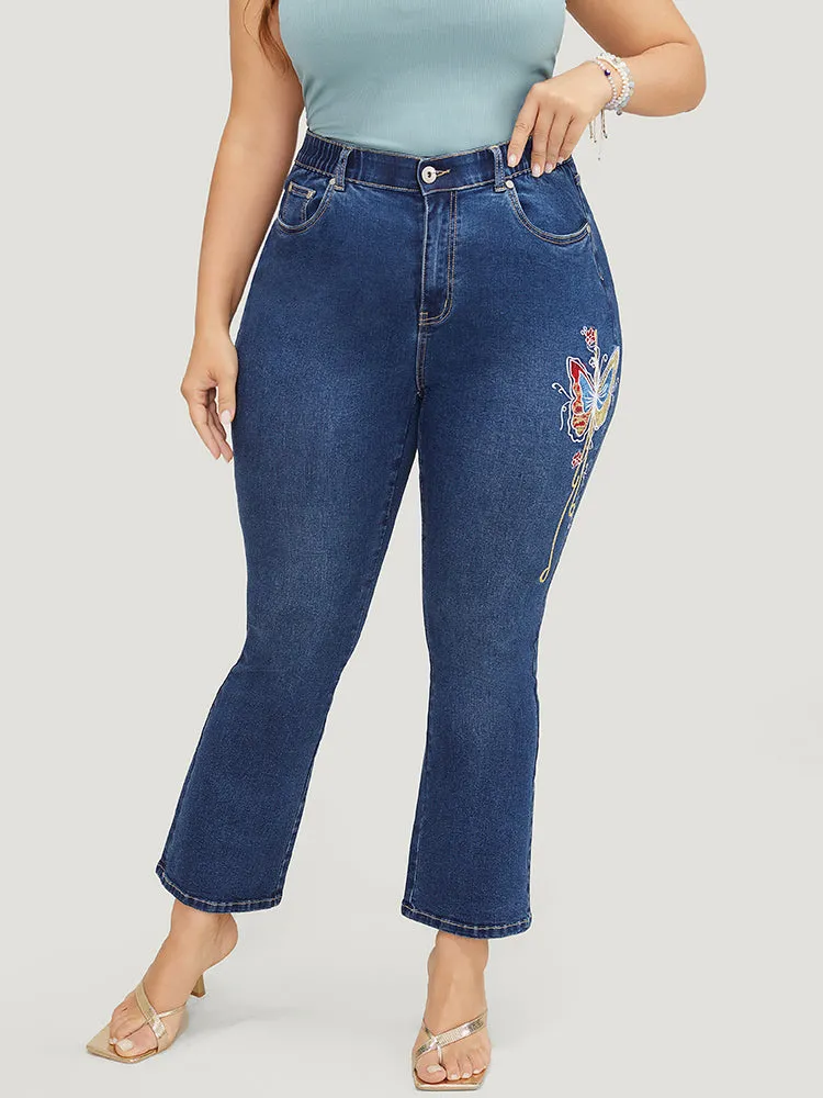 Butterfly Embroidered Moderately Stretchy High Rise Dark Wash Bootcut Jeans