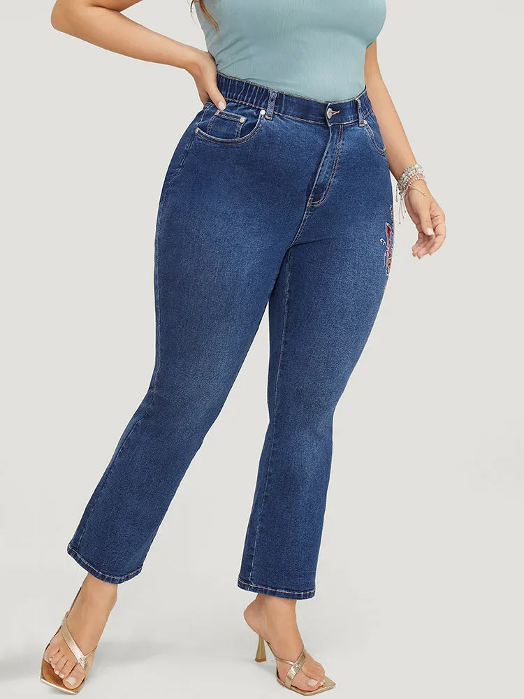 Butterfly Embroidered Moderately Stretchy High Rise Dark Wash Bootcut Jeans