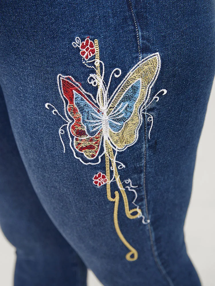 Butterfly Embroidered Moderately Stretchy High Rise Dark Wash Bootcut Jeans