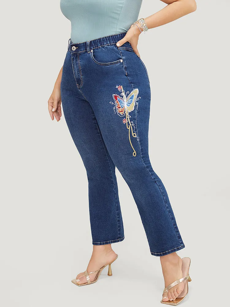 Butterfly Embroidered Moderately Stretchy High Rise Dark Wash Bootcut Jeans