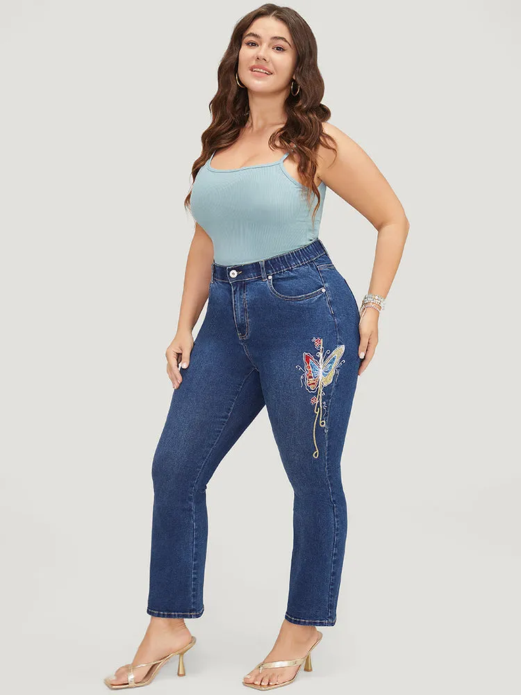 Butterfly Embroidered Moderately Stretchy High Rise Dark Wash Bootcut Jeans