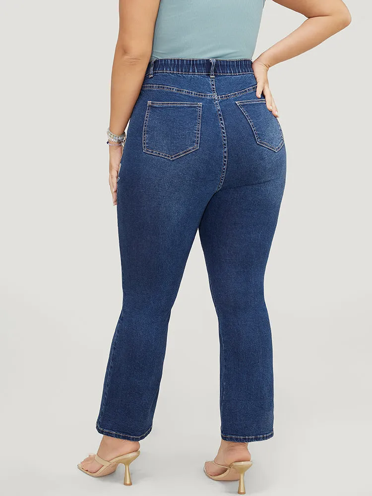Butterfly Embroidered Moderately Stretchy High Rise Dark Wash Bootcut Jeans