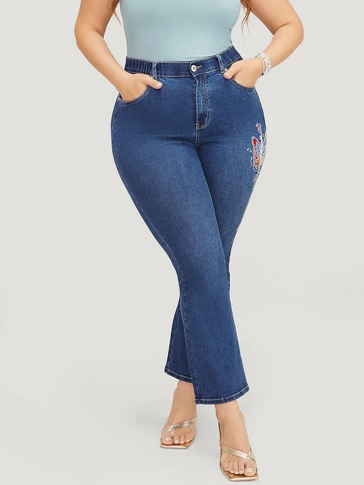 Butterfly Embroidered Moderately Stretchy High Rise Dark Wash Bootcut Jeans