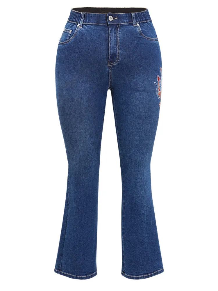Butterfly Embroidered Moderately Stretchy High Rise Dark Wash Bootcut Jeans