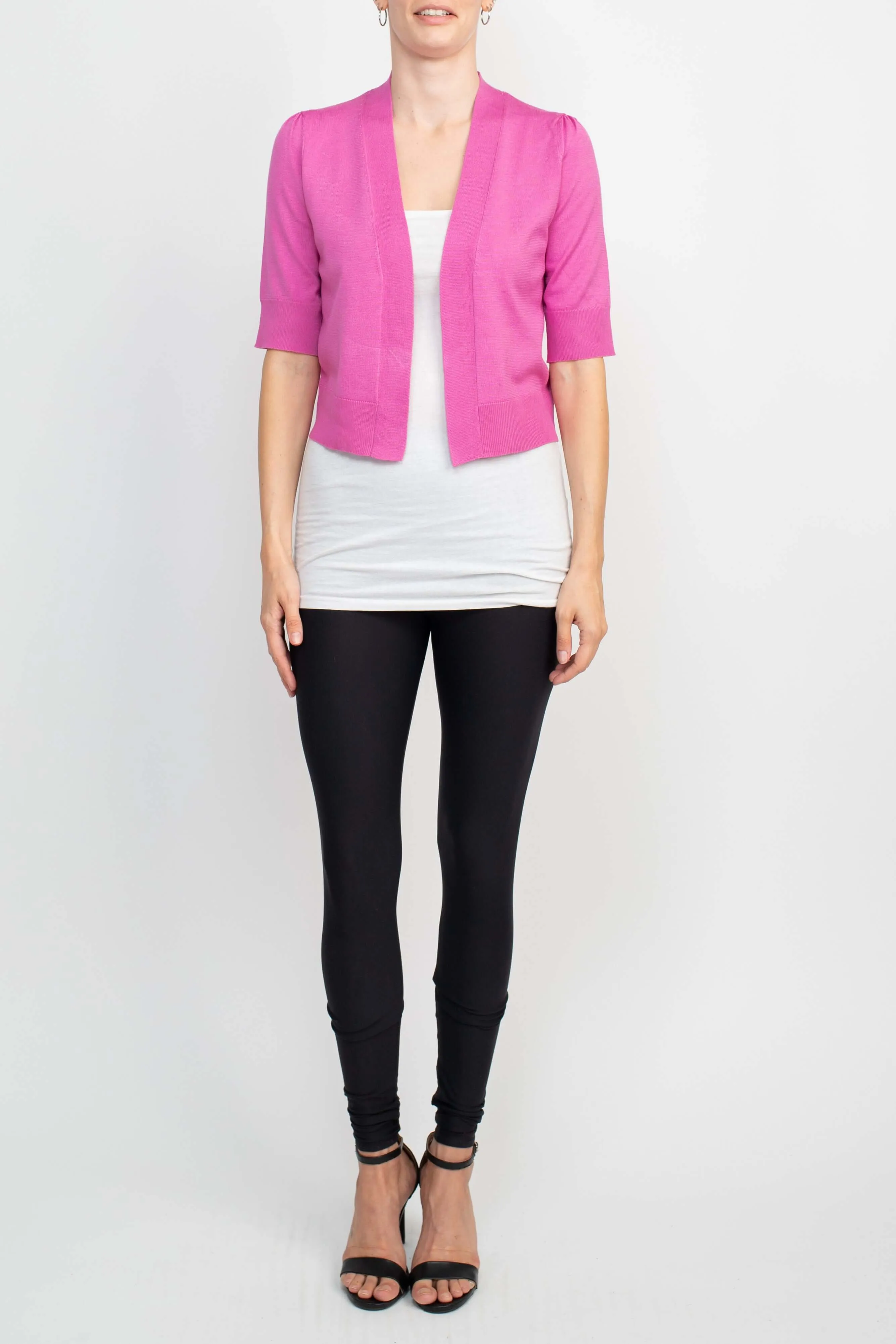 Cable & Guage Open Front Short Sleeve Ribbed Solid Knit Bolero