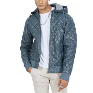 Diamond Quilted Hooded Blue Leather Jacket