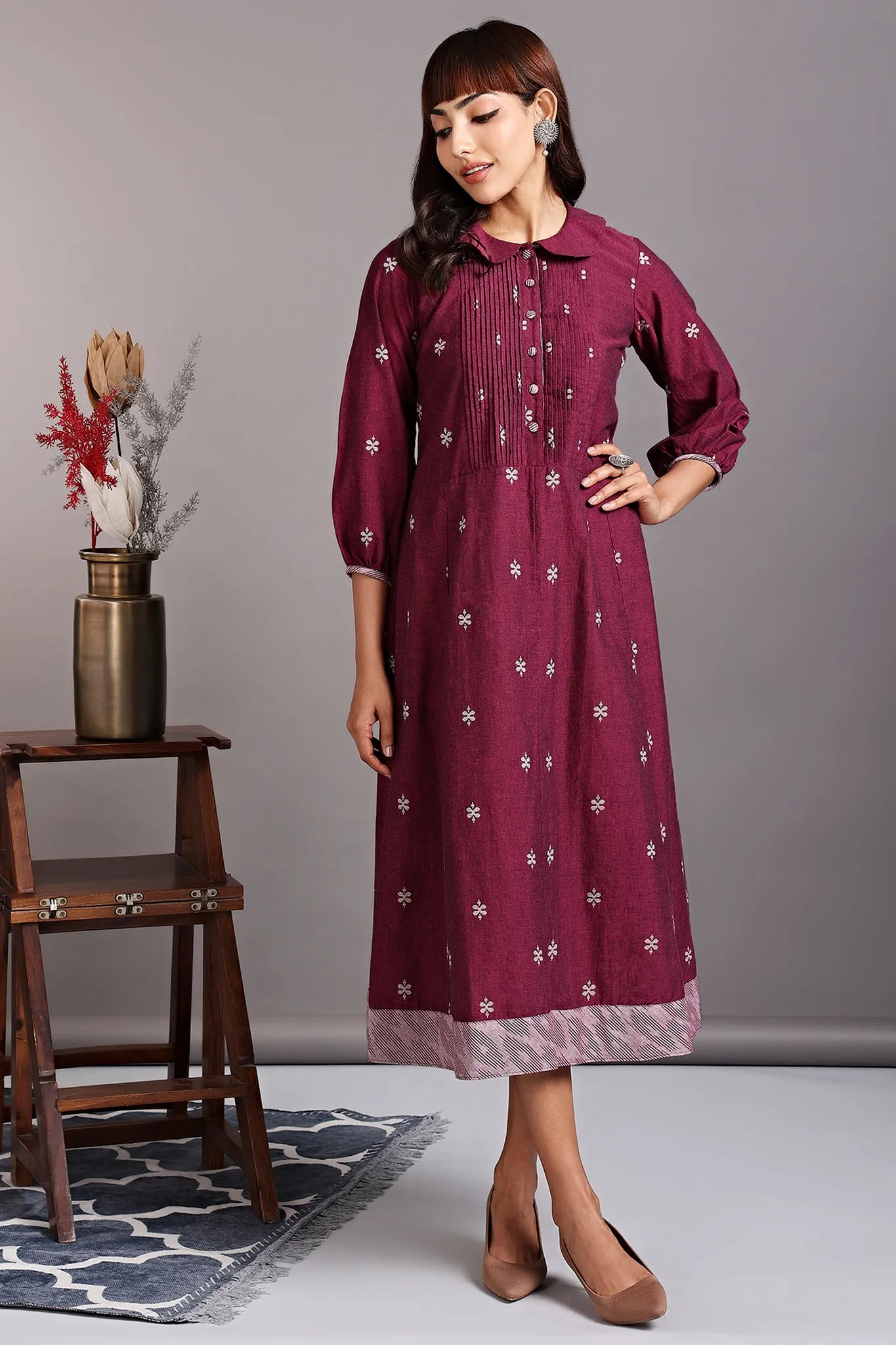 drop waist peter pan collar dress - cosmopolitan aubergine & snowdrops