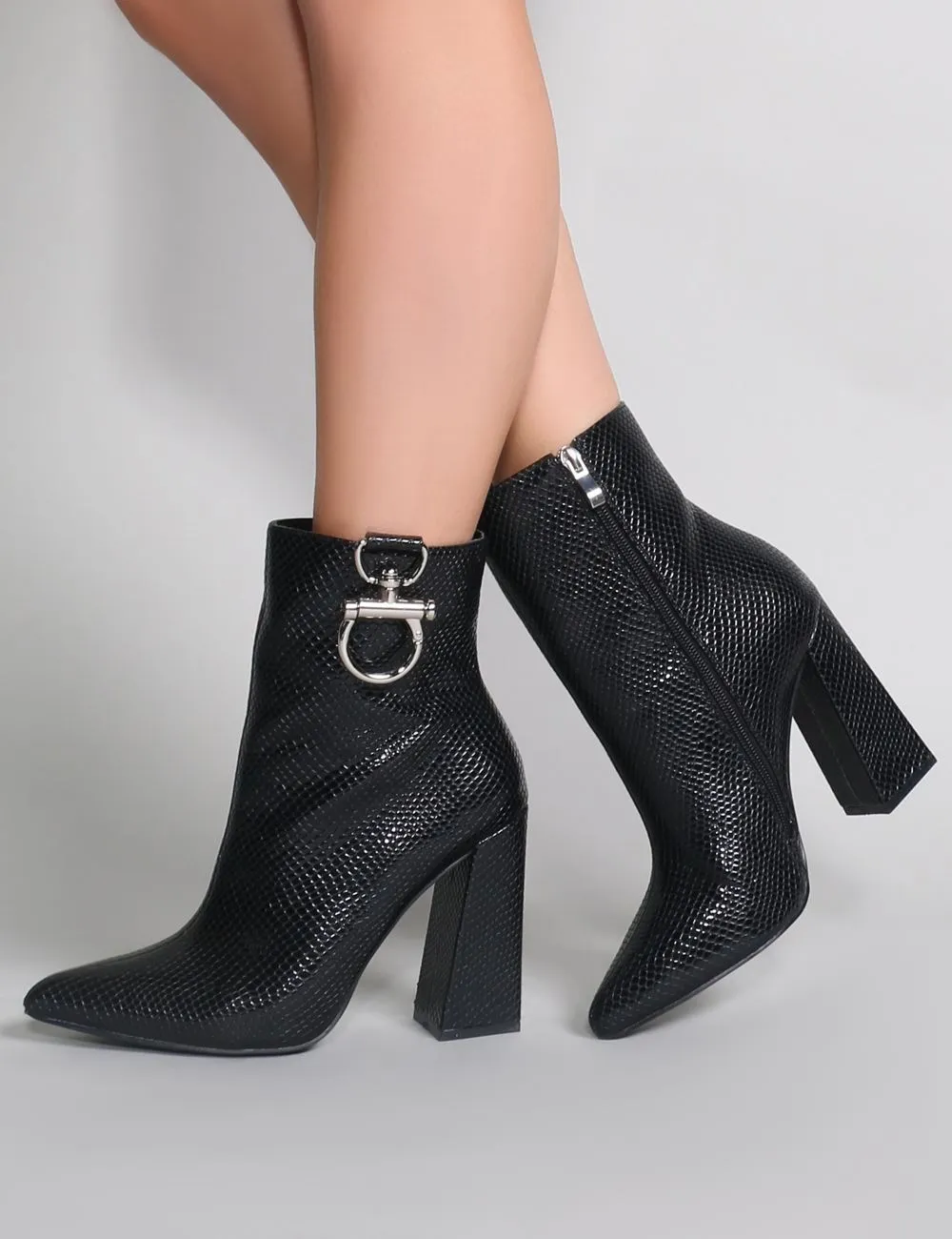 Forever Metal Trim Ankle Boots in Black Mock Croc