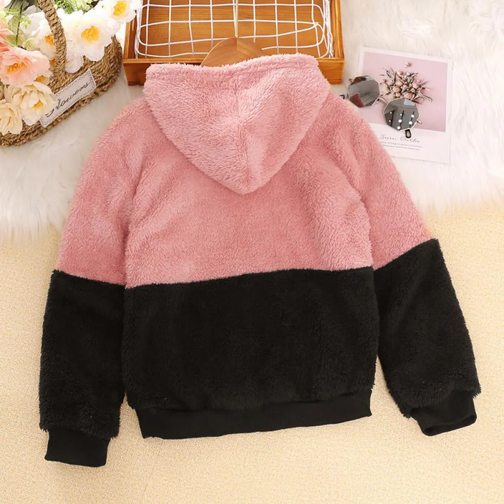 Girls Autumn Hooded Sweater Color-block Cute Plush Coat Wholesale Girls Clothes