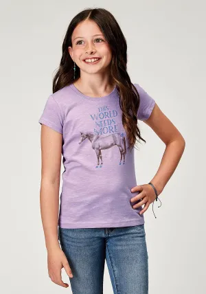 GIRLS SHORT SLEEVE LILAC COTTON SLUB JERSEY WESTERN T SHIRT WITH SCREEN PRINT DECORATION