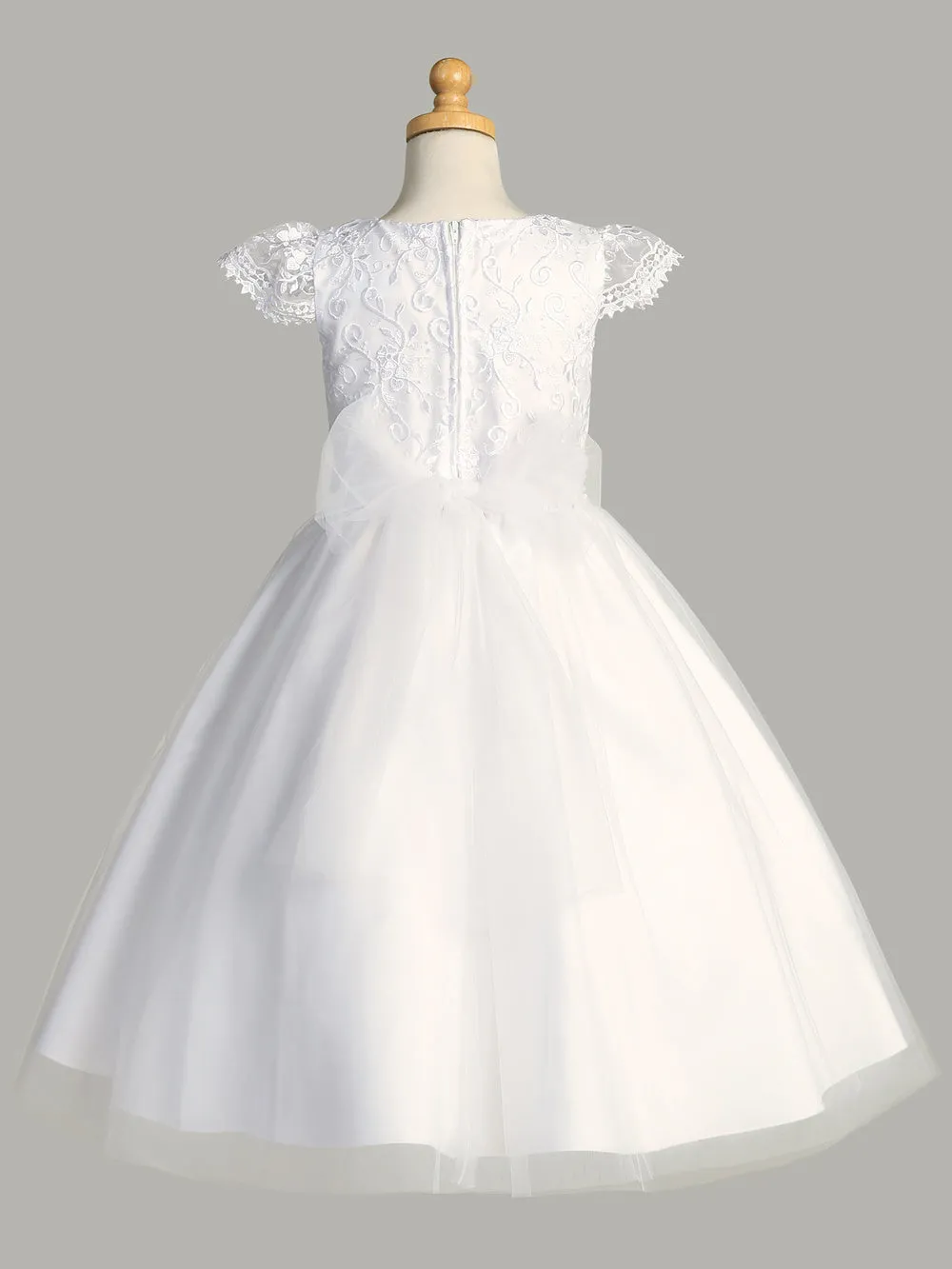 Girls White First Communion Dress w/ Embroidered Tulle Bodice & Skirt (189)