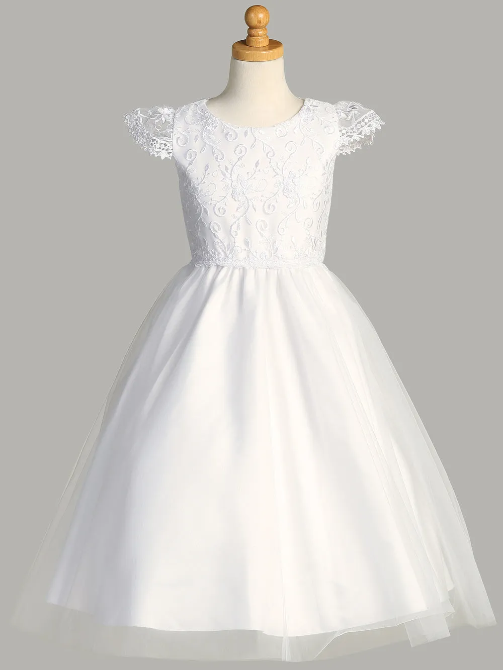 Girls White First Communion Dress w/ Embroidered Tulle Bodice & Skirt (189)