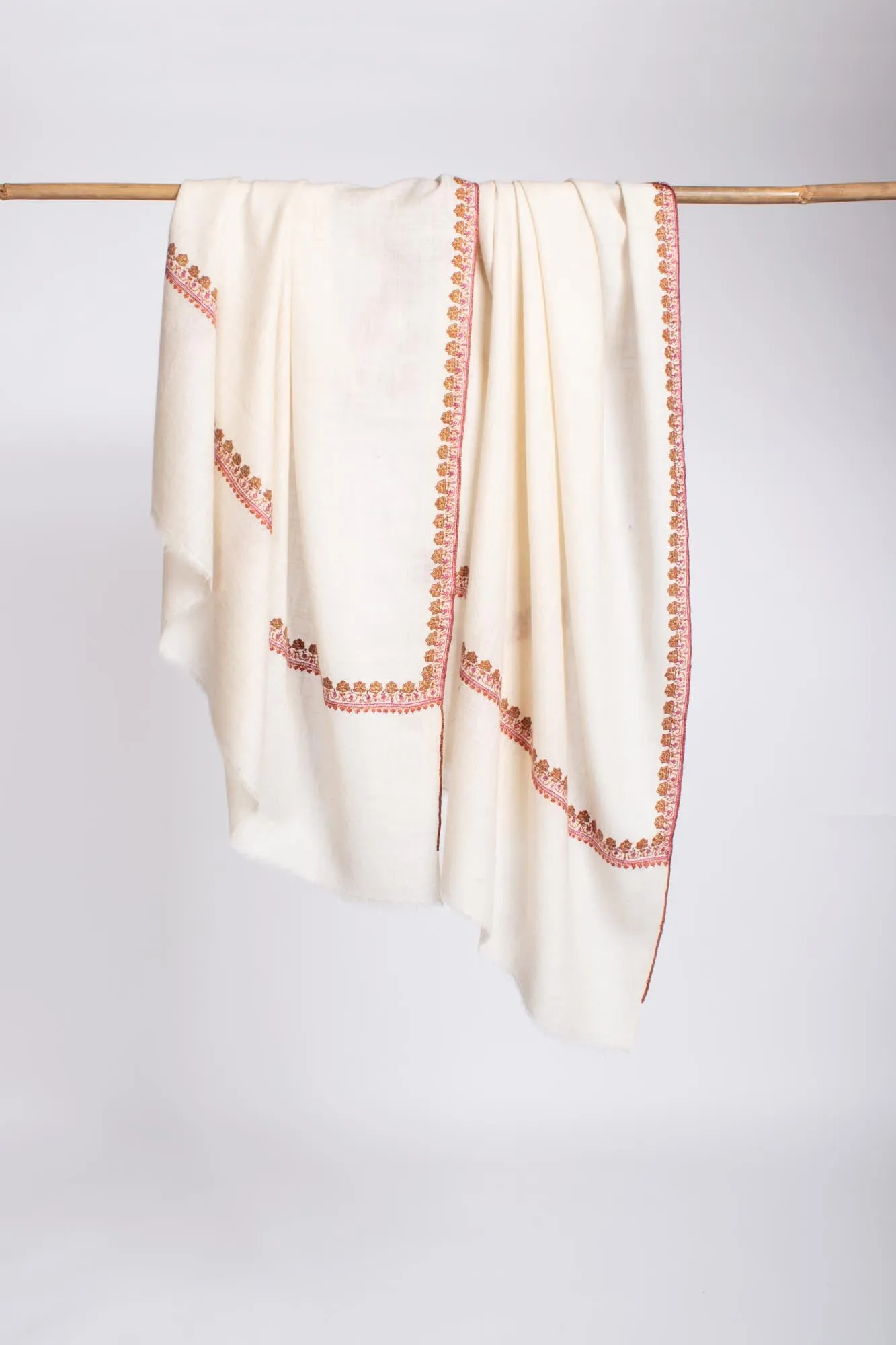 Ivory Pure Pashmina Hashia Embroidered Shawl - TORRIDGE