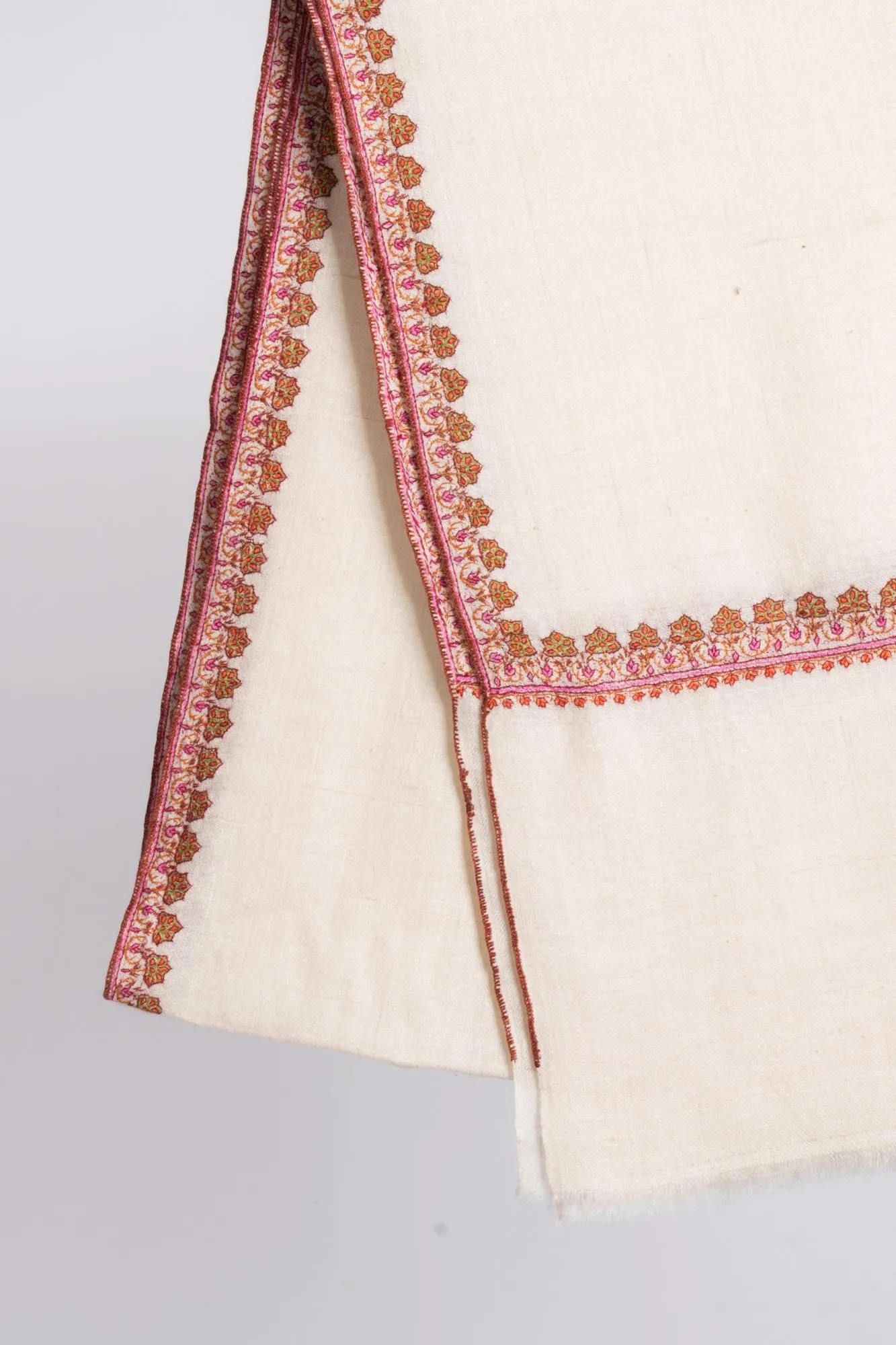 Ivory Pure Pashmina Hashia Embroidered Shawl - TORRIDGE