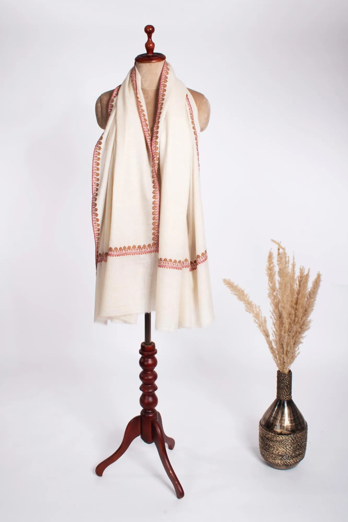 Ivory Pure Pashmina Hashia Embroidered Shawl - TORRIDGE