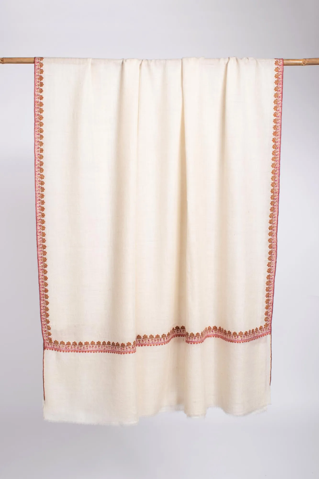Ivory Pure Pashmina Hashia Embroidered Shawl - TORRIDGE
