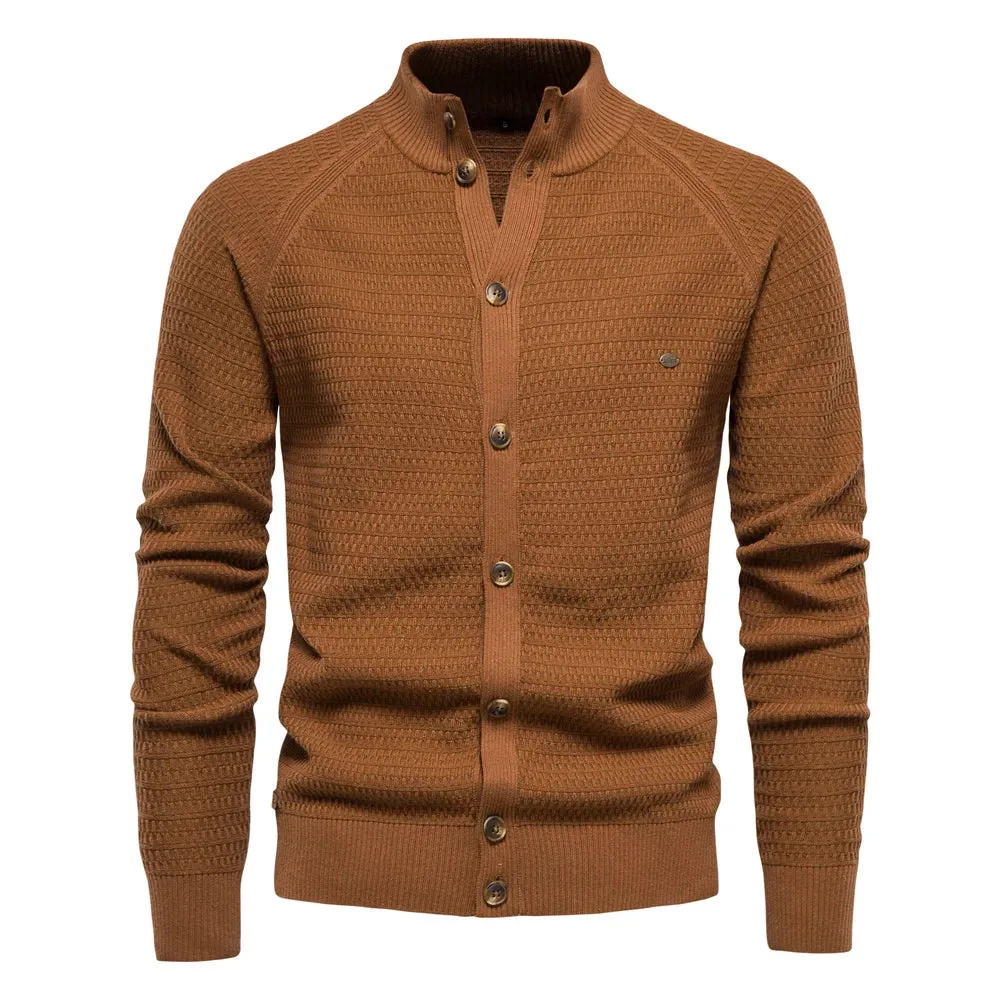 Knitted Mens Cardigan Cotton High Quality Button Mock Neck Sweater for Men New Winter Fashion Designer Cardigans Men