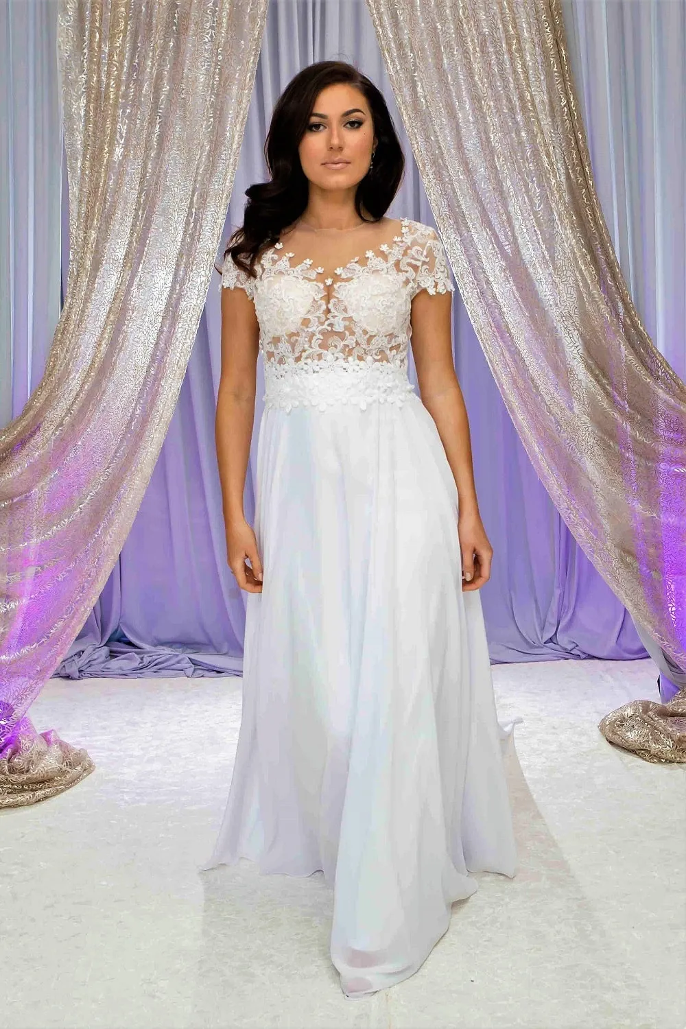 LAVANDA Illusion Bodice White Lace Chiffon Bridal Gown