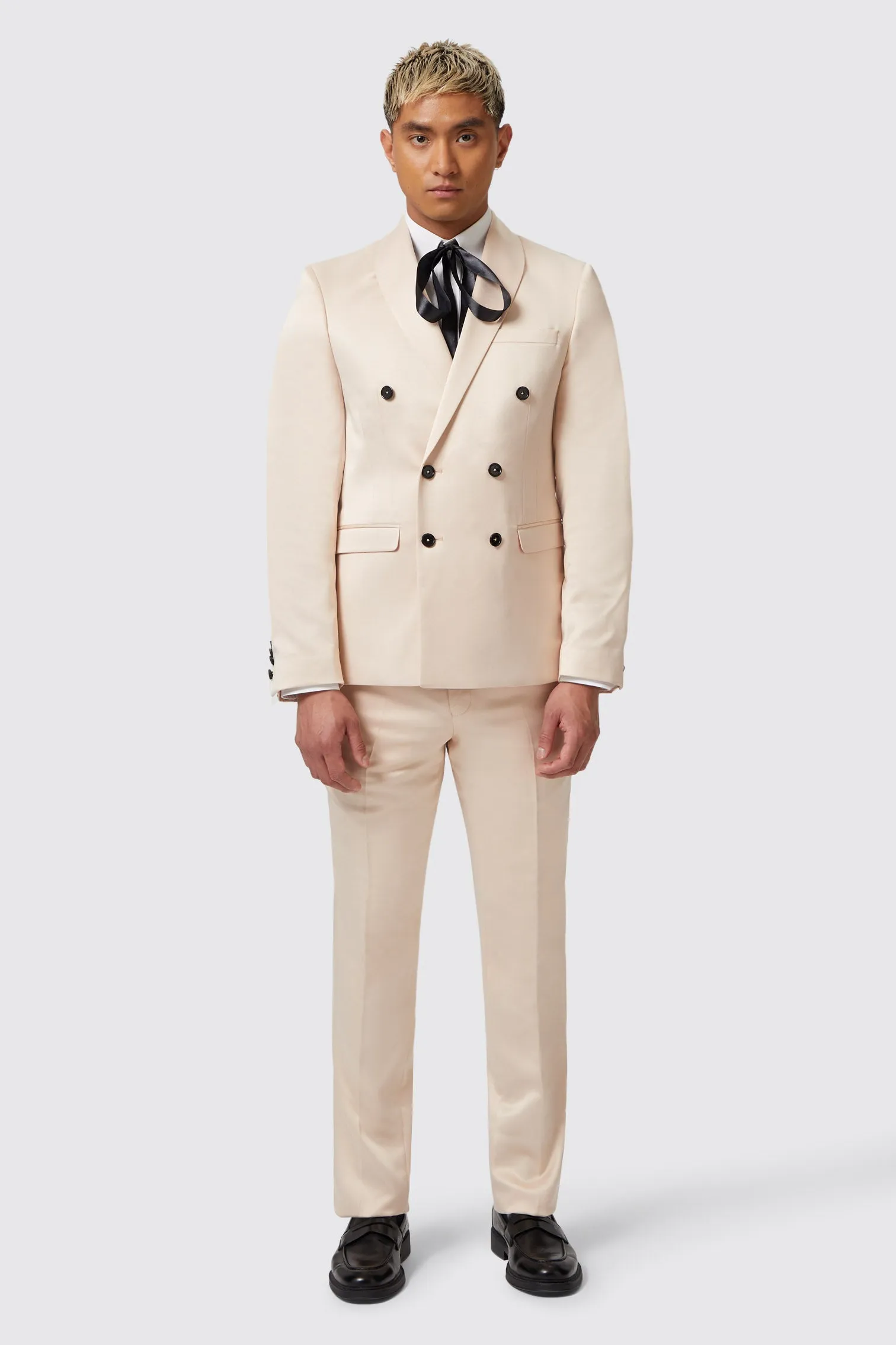 Lewis Skinny Fit Double Breasted Beige Sateen Jacket