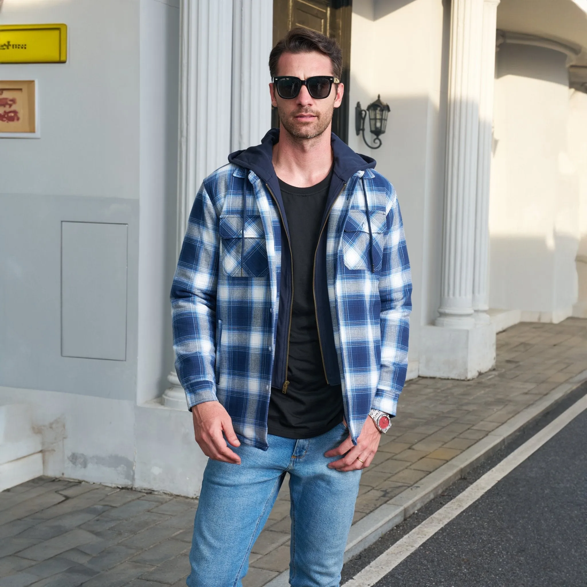 Men's Flannel Jacket with Removable Hood 5 Pockets Quilted Plaid Shirt Jackets Winter Coats Thick Flannel Hoodie