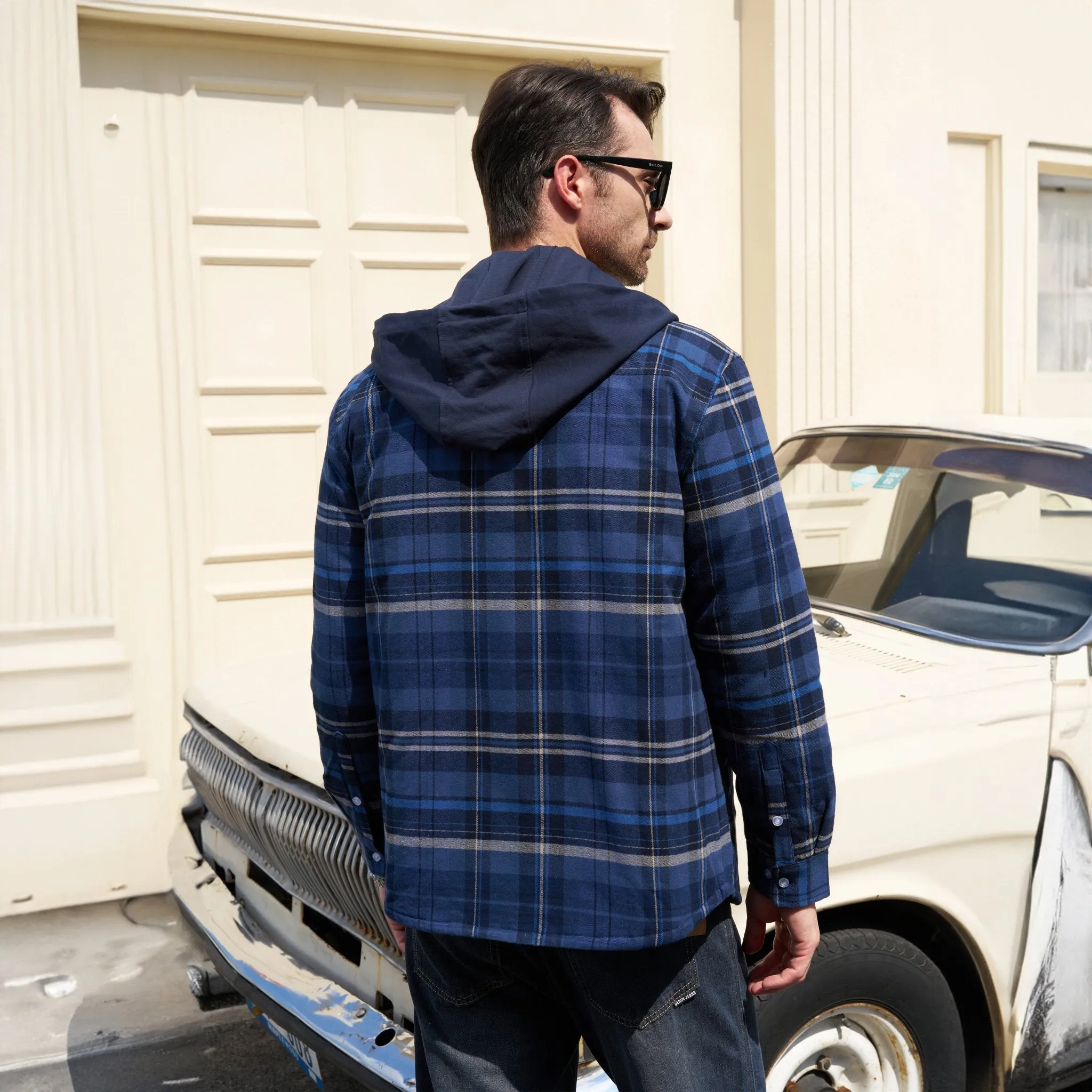 Men's Flannel Jacket with Removable Hood 5 Pockets Quilted Plaid Shirt Jackets Winter Coats Thick Flannel Hoodie