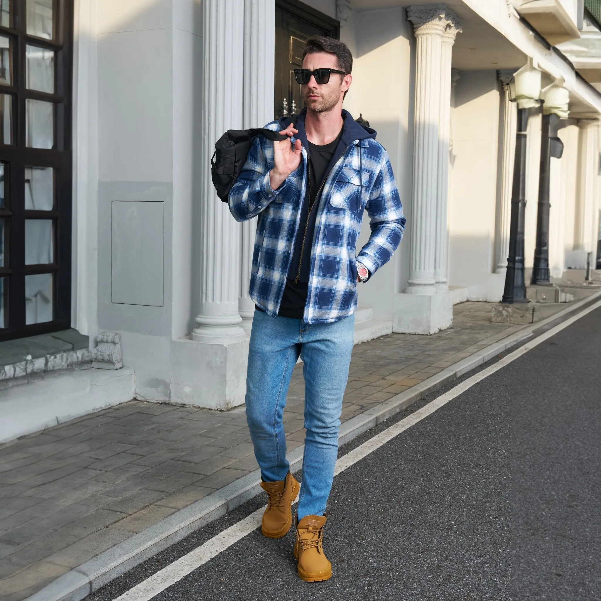 Men's Flannel Jacket with Removable Hood 5 Pockets Quilted Plaid Shirt Jackets Winter Coats Thick Flannel Hoodie