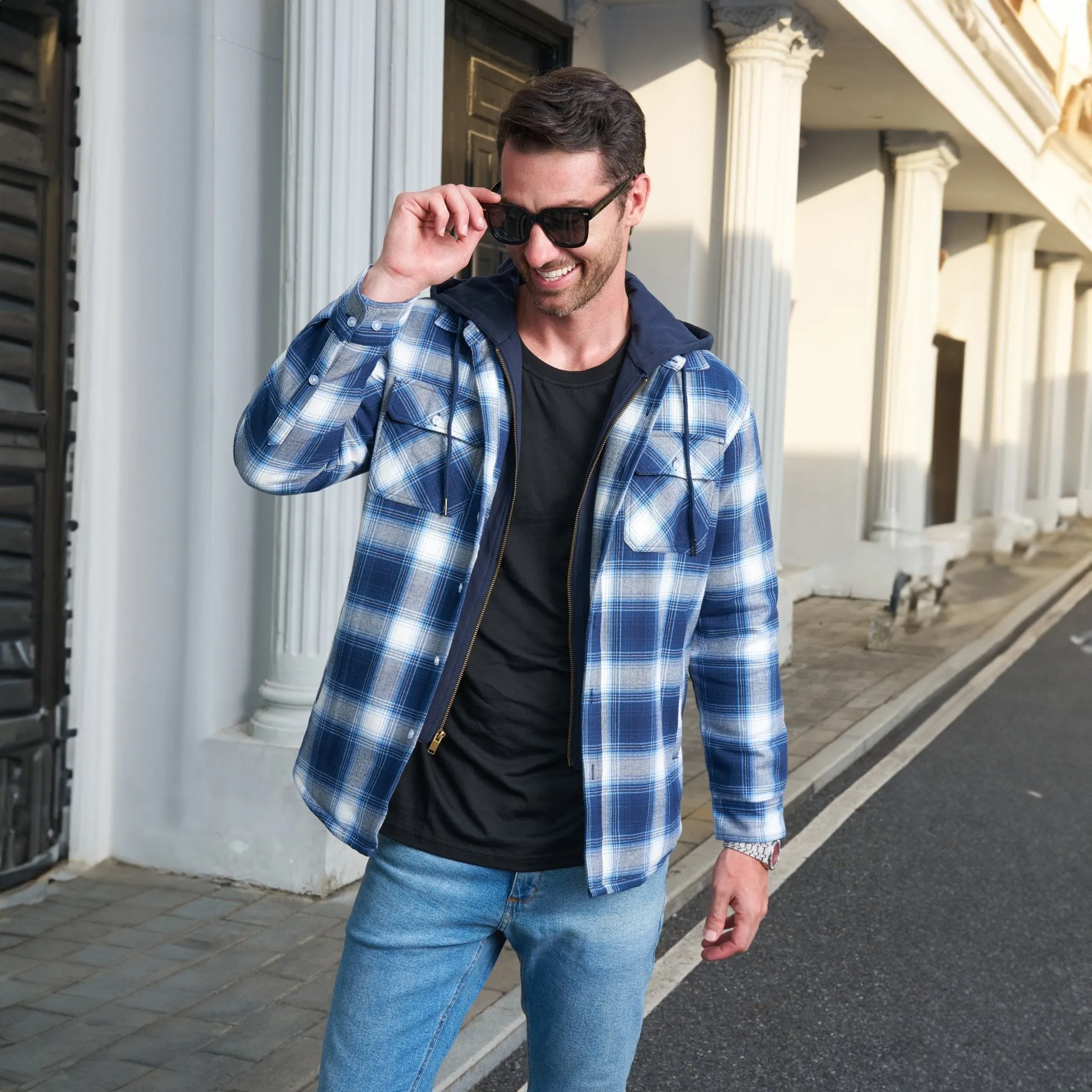 Men's Flannel Jacket with Removable Hood 5 Pockets Quilted Plaid Shirt Jackets Winter Coats Thick Flannel Hoodie